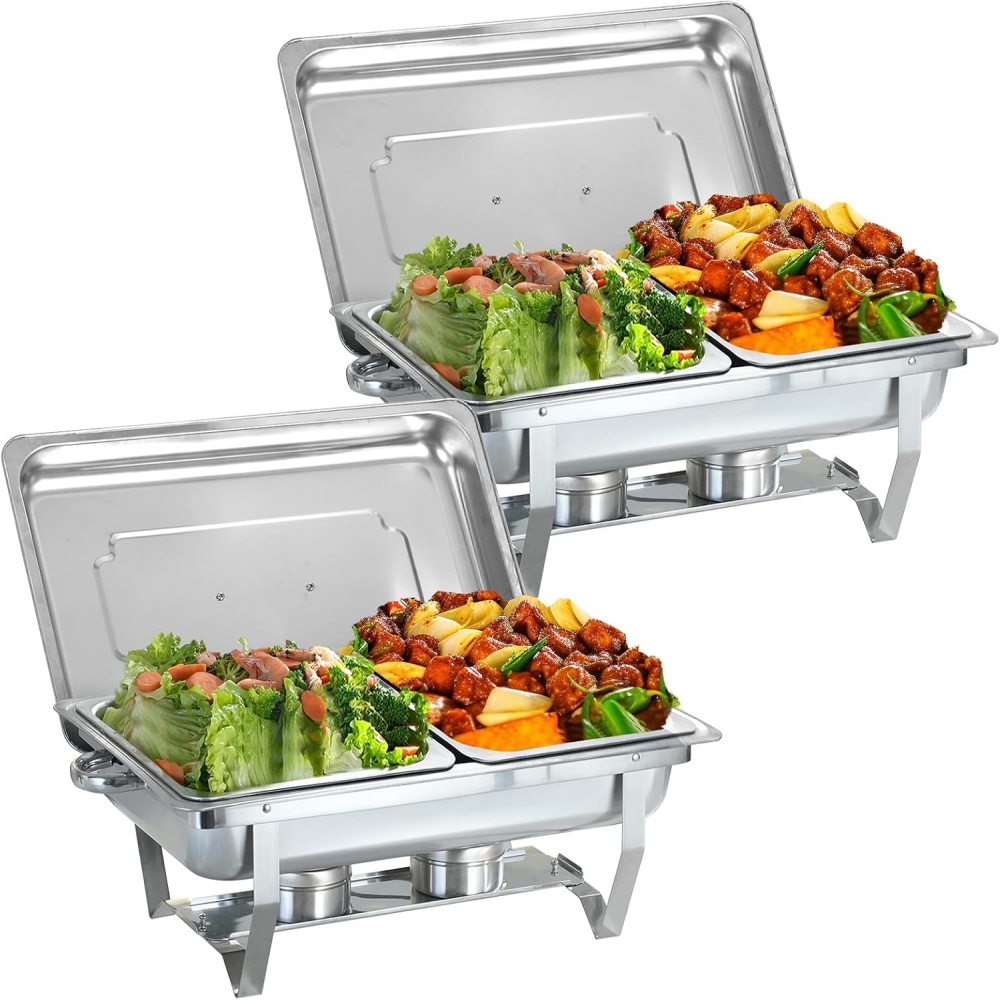 TEMU 2 Pack Commercial/residential Chafing Dish Buffet Set - Heavy-duty 9qt Stainless Steel Food Warmers With Water Pan & Fuel Holder, Polished