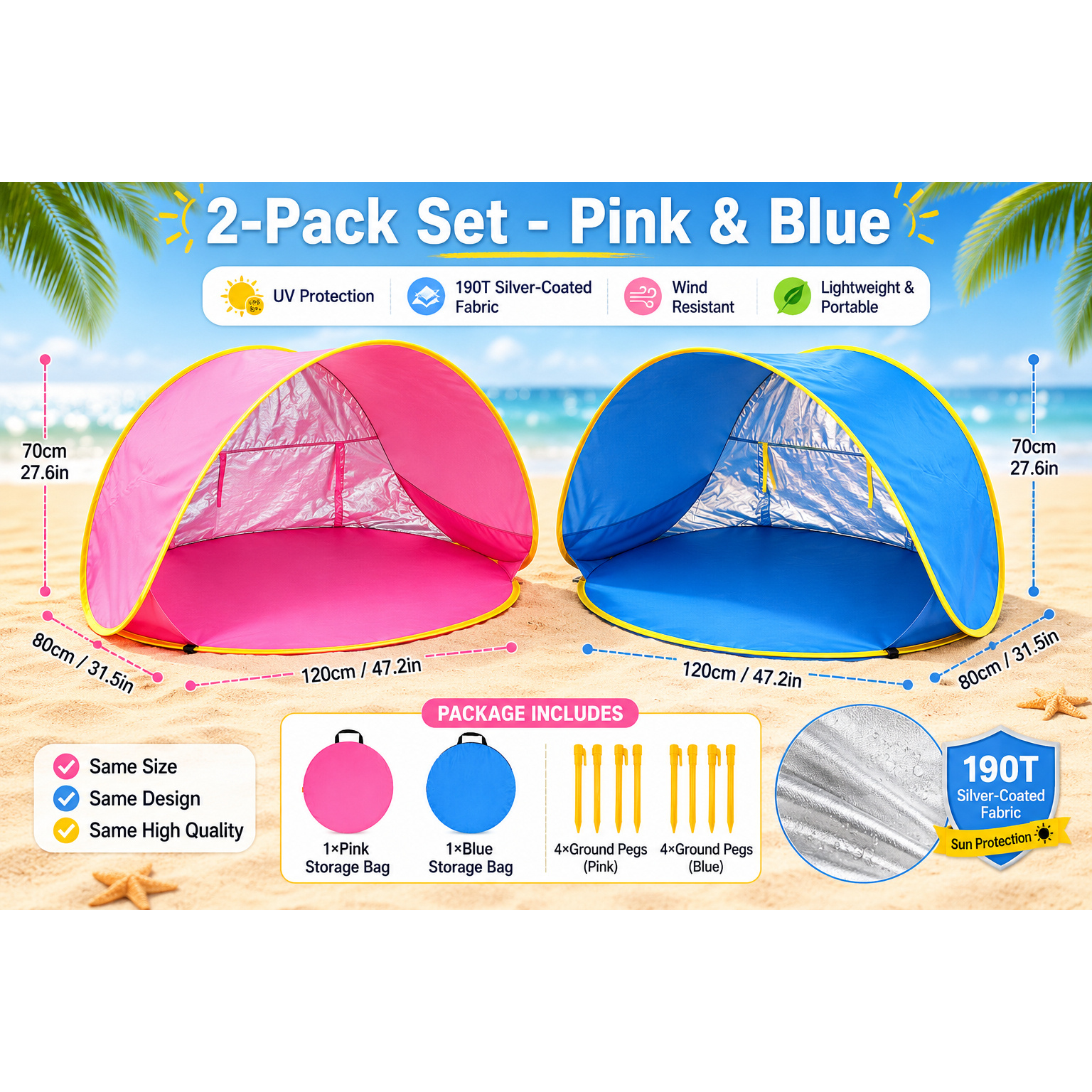 2pcs Portable Beach Tent Sun Shelter, Uv- Resistant Lightweight Beach Pop Up Tent For Camping Trips, Fishing, Backyard Or Beach Picnics Essentials