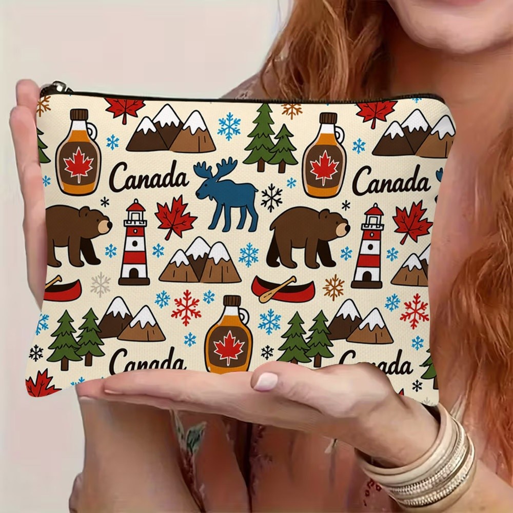 TEMU 1 trousse de toilette plate 2D sur le thème du Canada, sac de voyage durable avec motif du Canada, pochette de rangement spacieuse pour un usage