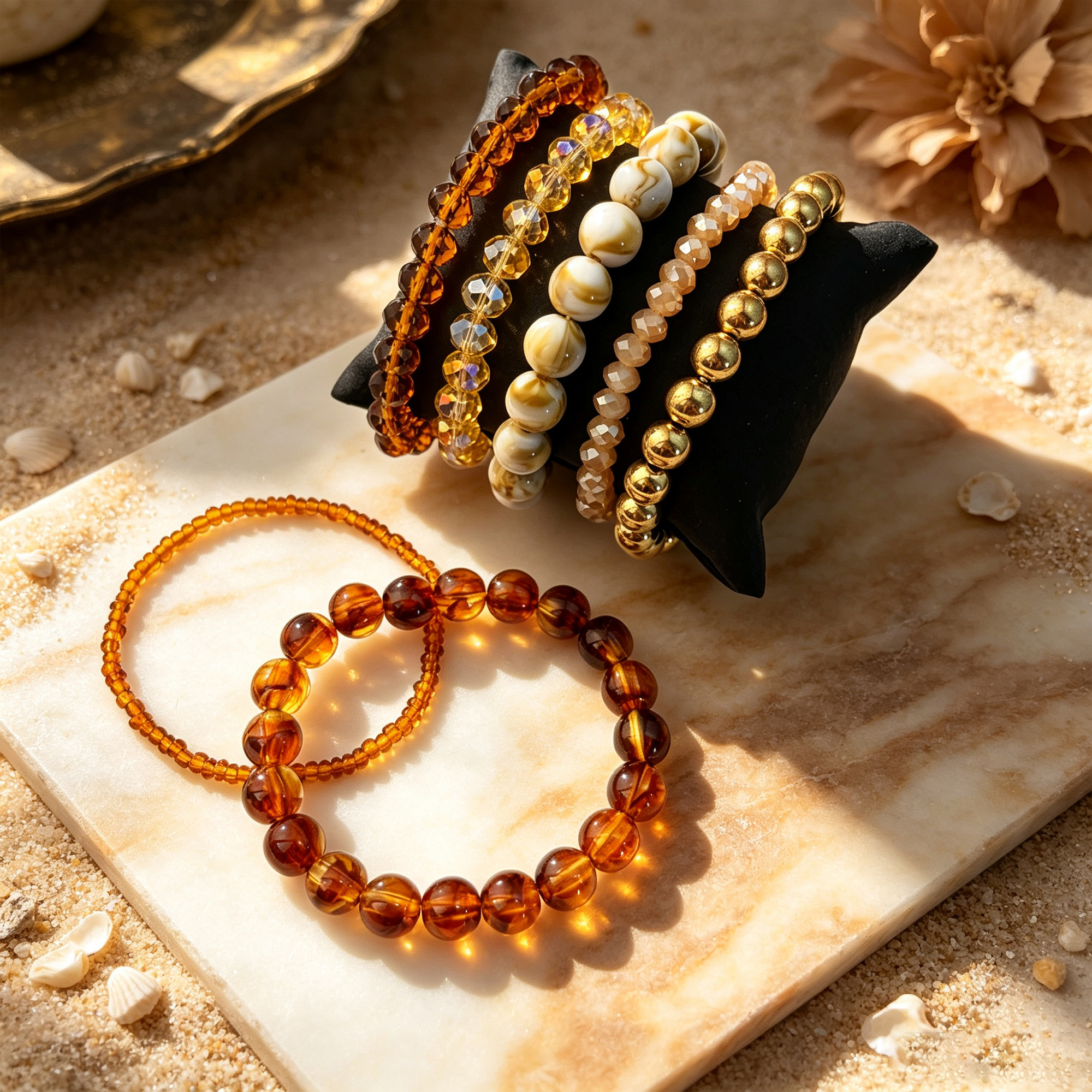 7pc Retro Caramel Color Beaded Bracelet Set