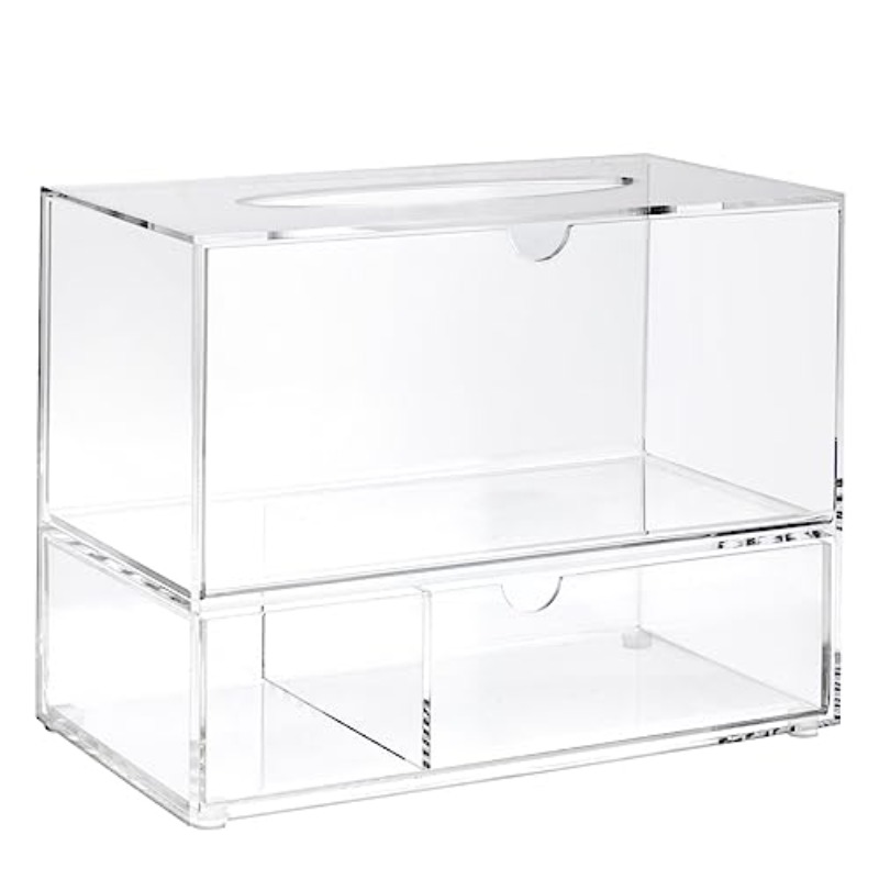 1  tissue box holder with 3-drawer organizer - heavy-duty modern rectangular dispenser with pull-out drawers, space-saving bathroom/vanity cabinet storage, fits standard tissues & caddy systems, 9.3” wide, 3-compartment drawer, dust-resistant & hygienic design, minimalist white frame & clear panels, multi-functional organizer for tissues, swabs, balls (1 unit), decorative tissue box holder, tissue holder bathroom, tissue box with storage, tissue box holder for car, Product details 6