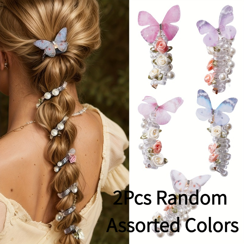 TEMU 2pcs Random Assorted Colors Vintage Hair Ties, High Elastic Coil Hair Ties Women, Floral Ponytail Hair Additions Braids Wavy Hairstyles