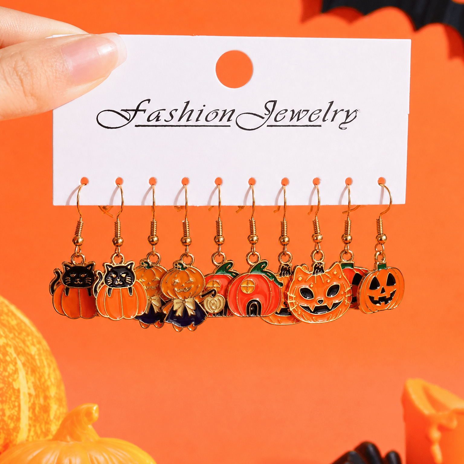 TEMU 10pcs Halloween Series New Dark Style Cartoon Alloy Enamel Pumpkin Black Cat Drop Earrings Set, Halloween Ear Accessories Gift