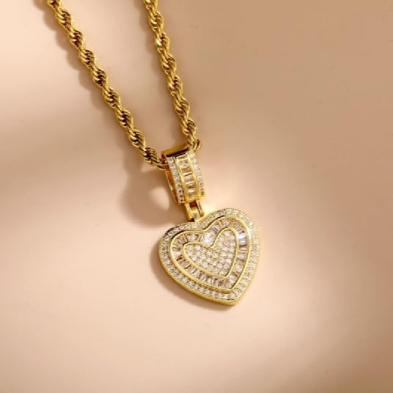 E-shop 1 Stück Herren- Damen-Kupfer-Inlay Synthetischer Zirkonia Herz-Anhänger Halskette, 14K Goldbeschichtet Mehrfach-Anhänger Dicke Kette Hip Hop