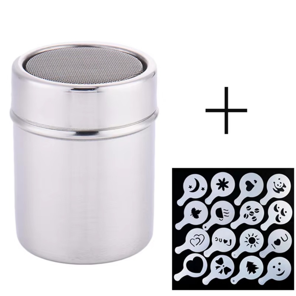 TEMU 1 Set Chocolate Shaker Flour Coffee Sifter And 16pcs Coffee Stencils Template Strew Pad Duster Spray