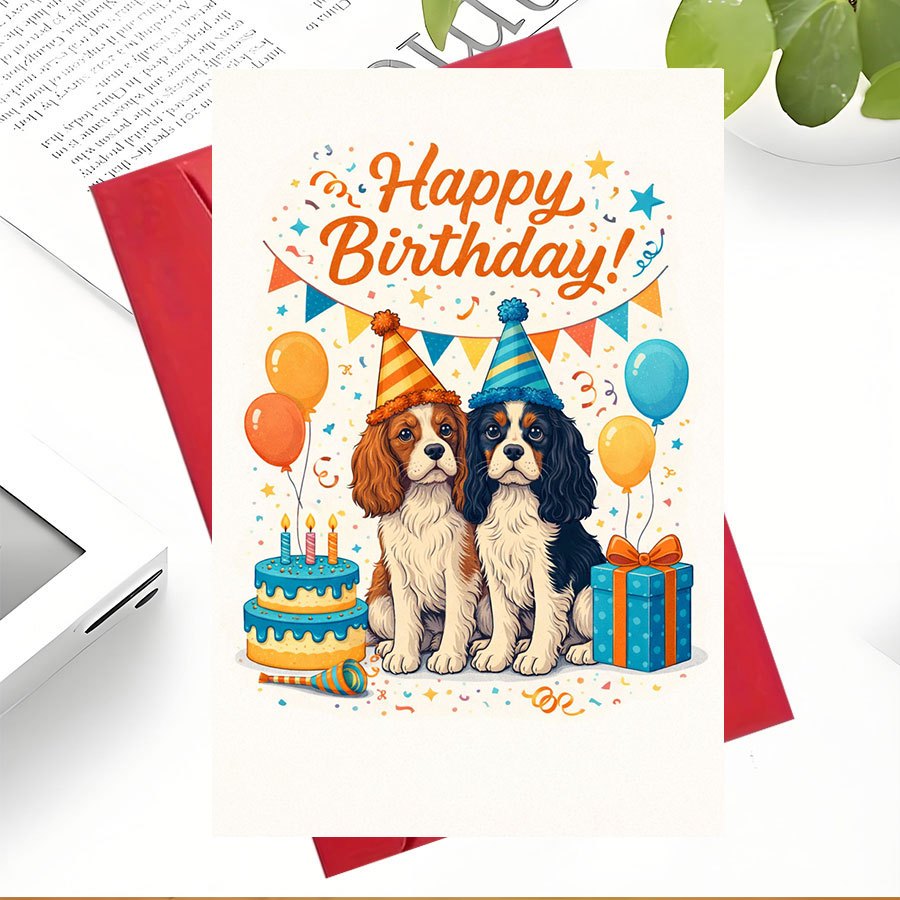 TEMU 1pc Happy Birthday Greeting Card | Cute King Charles Spaniel Dogs For Dog Lovers, Women Men , Blank Inside, Stationery With Envelope For Party