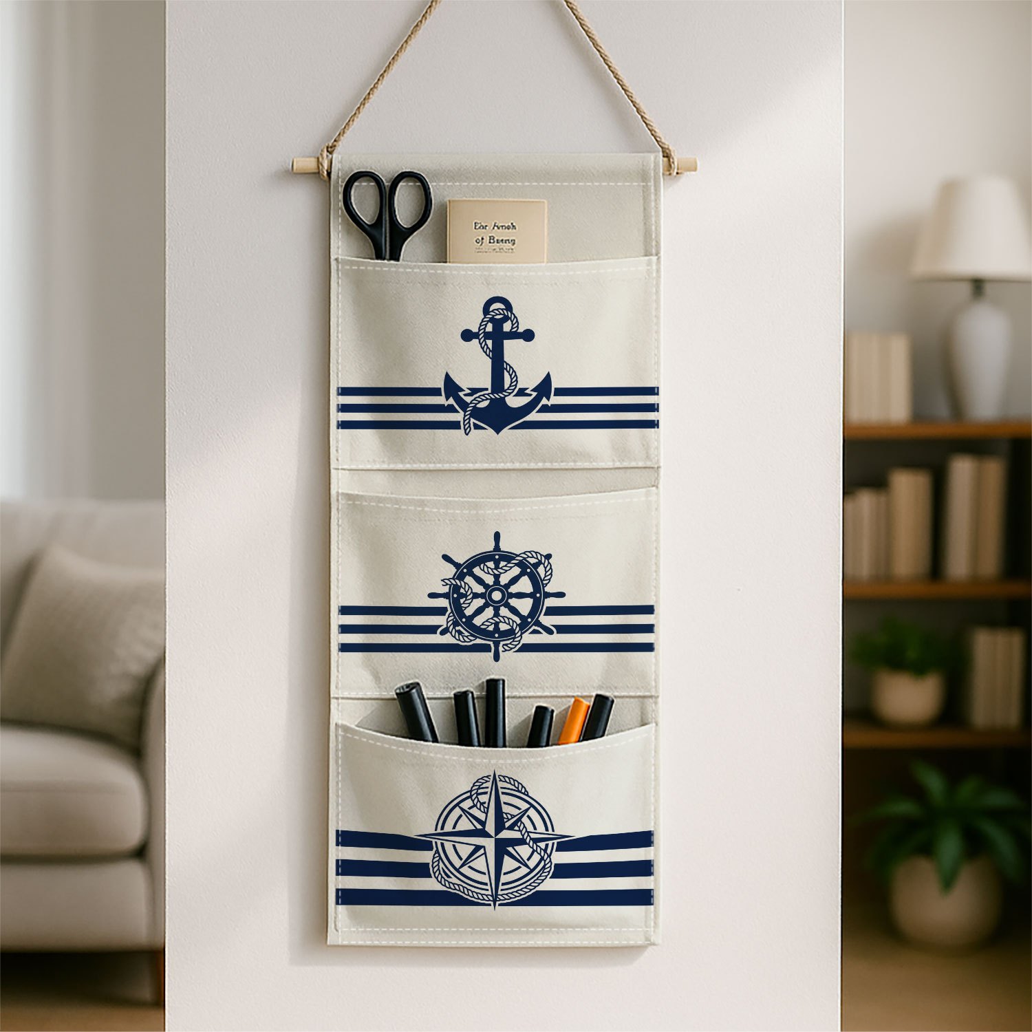 TEMU 2d Printed 1pc Coastal Nautical Anchor Wall-mounted Storage Bag Is Ideal For The Living Room, Featuring Marine Symbols In Navy And White . It