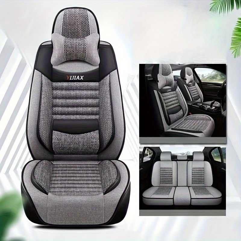 TEMU Luxury 5-seat Linen Car Seat Cover Set - Gray And Black, Breathable, Fitted, Full Coverage With Lumbar Support, Textured Design, Interior
