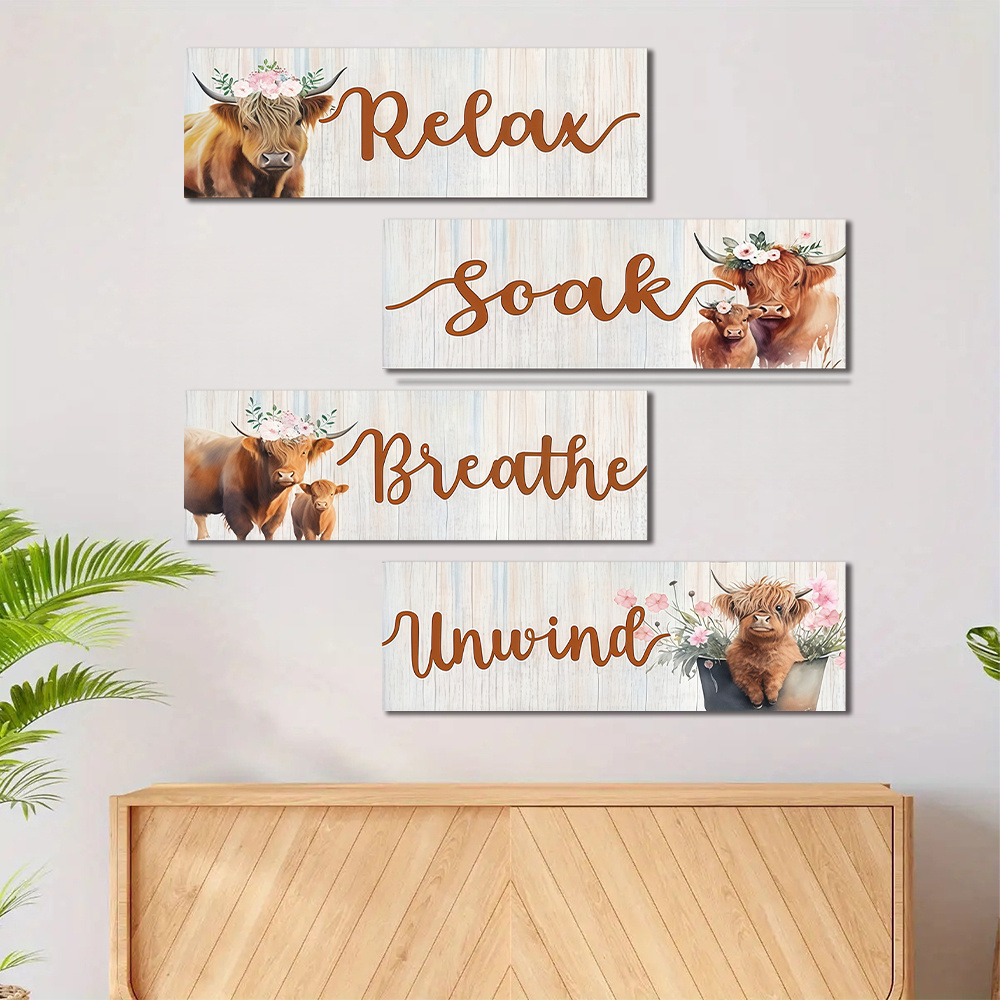 TEMU 2d Flat, 4pcs Scottish Highland Cow Panel - Retro Farmhouse Wall Plaque, Artificial Multi-room Décor Suitable For Christmas, Easter, Valentine's