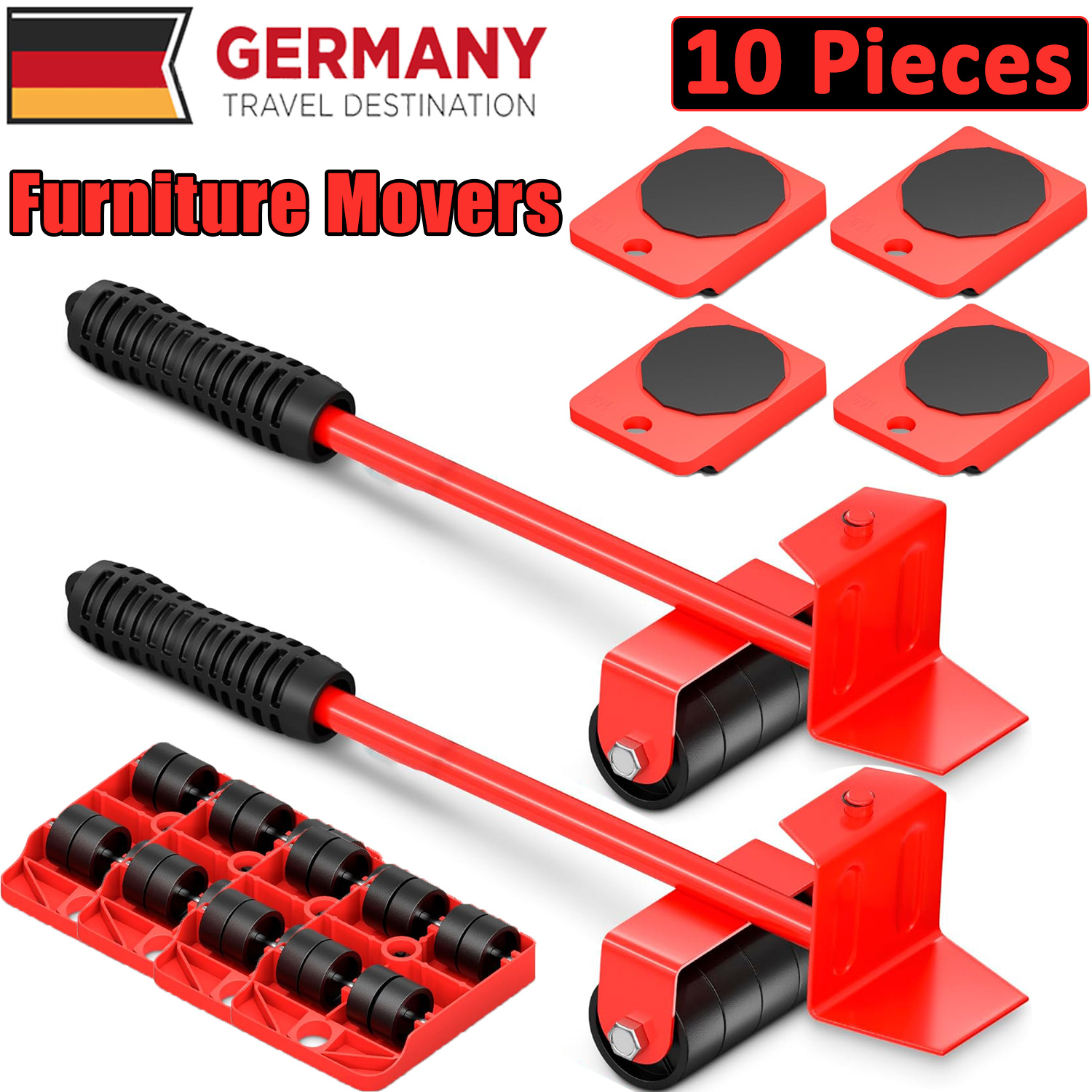 10pcs Furniture Mover, Furniture Lift Mover Tool Set, Furniture Lifters For Heavy Furniture With Adjustable 2 Height Lifting Tool Lever & 8 Wheels, Furniture Mover Dolly Lifter Moving Sliders (red)
