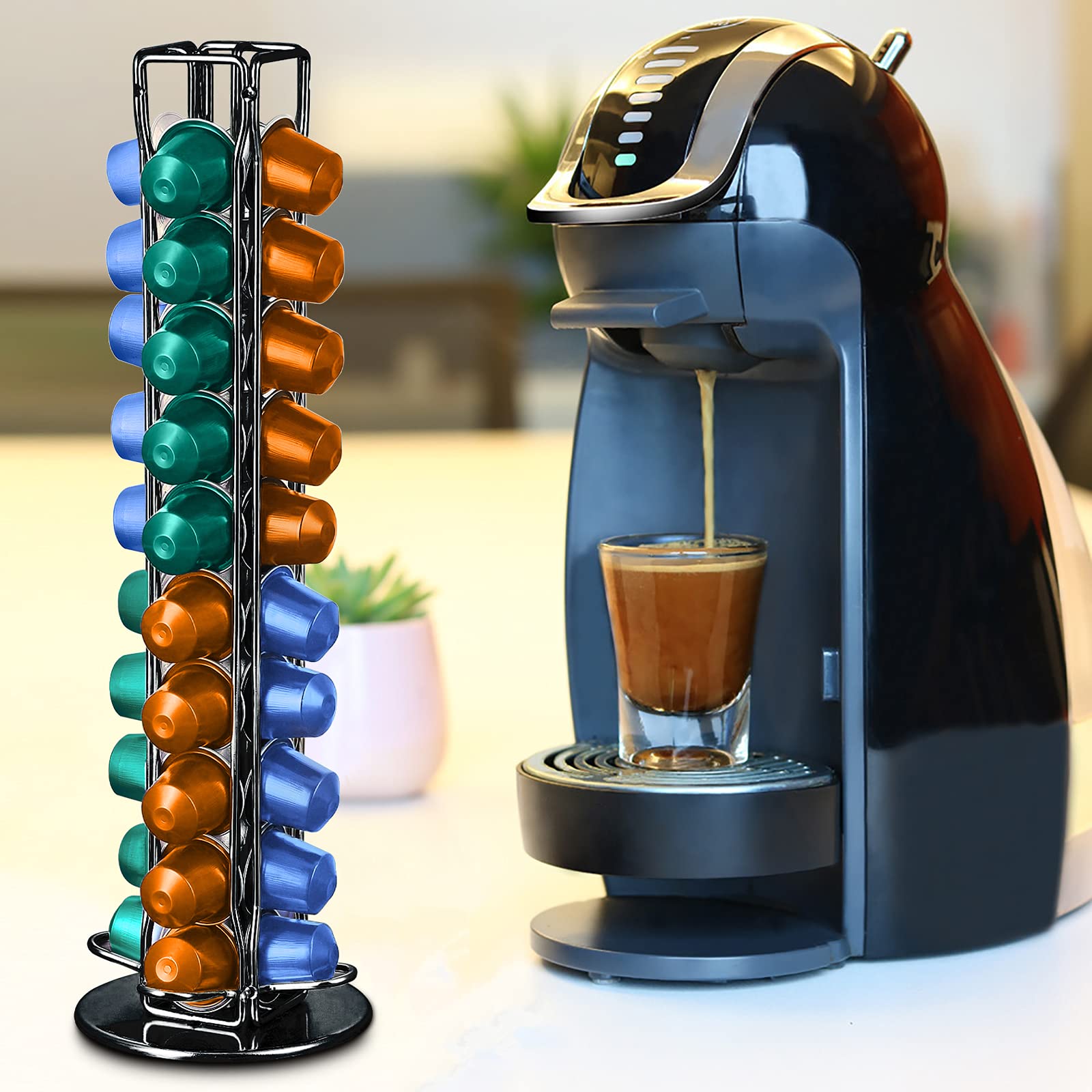 This 40-compartment Rotating Coffee Capsule Holder Features A 360° Rotating Design And A Metal Body, Making It Suitable For Kitchens, Restaurants, And Offices, Space