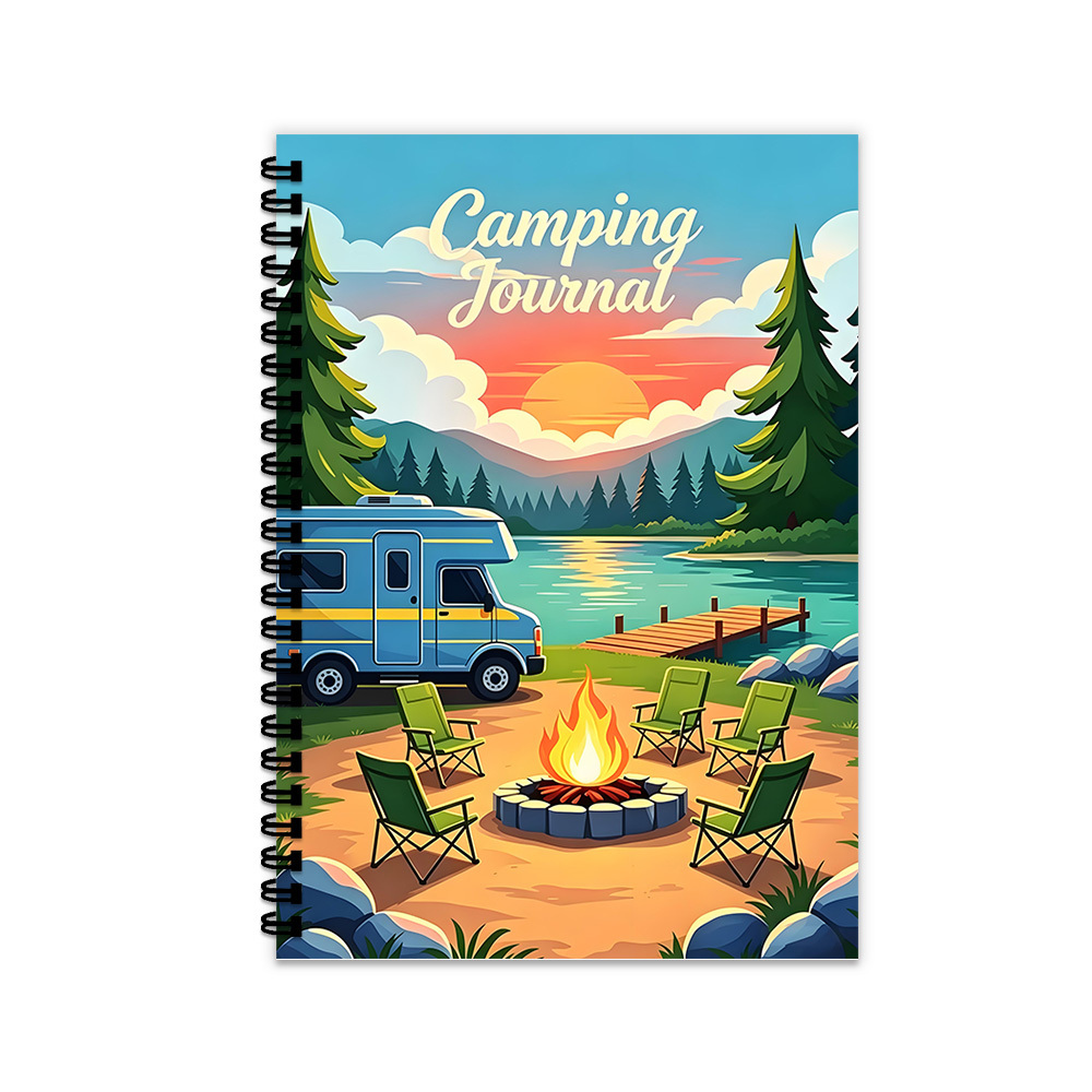 TEMU 1pc Sunset Lakeside Rv Camping Journal Notebook, Vibrant Campsite Campfire Cover, Blue Rv Lake Adventure Print, For Group Campers, Adults, Warm