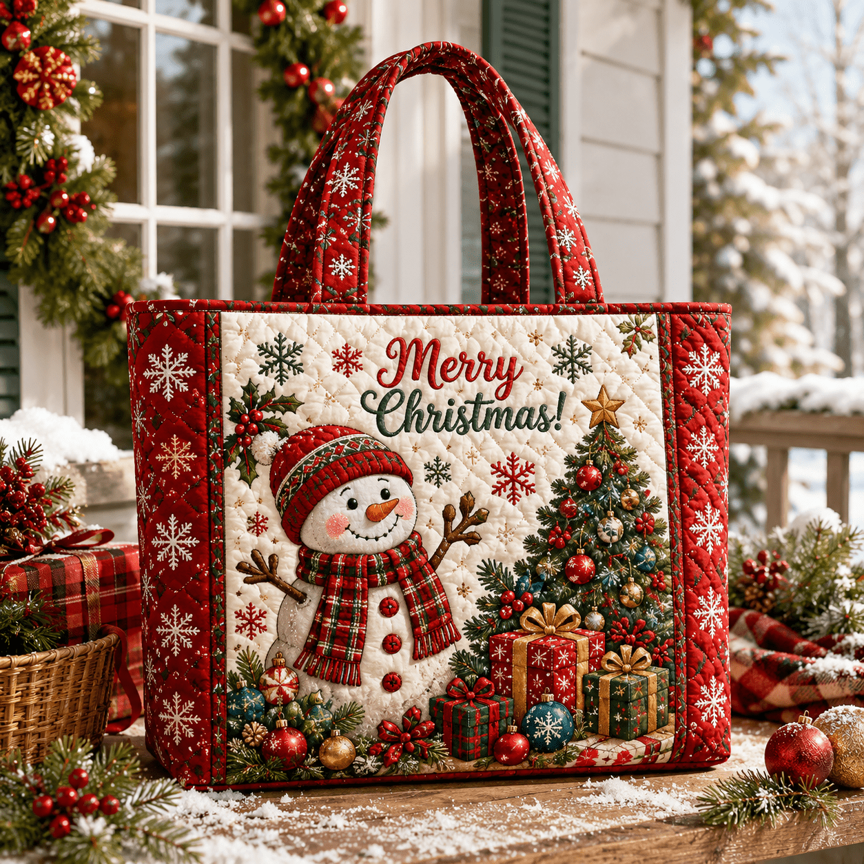 TEMU Snowman Snowflake Tree Extra Wide Quilted Tote Bag For Women, Large Capacity Lightweight Foldable Shopping And Travel Handbag For Winter And