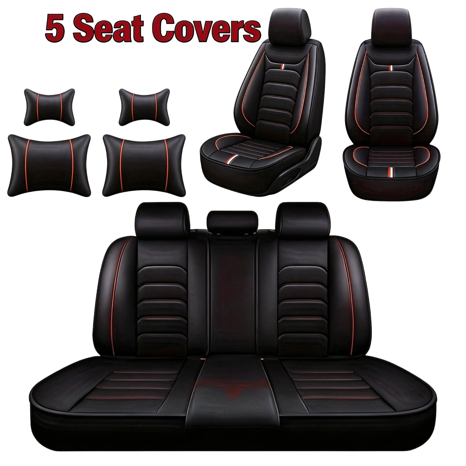 TEMU Pu Leather Car Seat Covers Full Set With Lumbar Support, Front & Rear 5-seat Cushion Protector, Interior Accessories Fit Most Vehicles