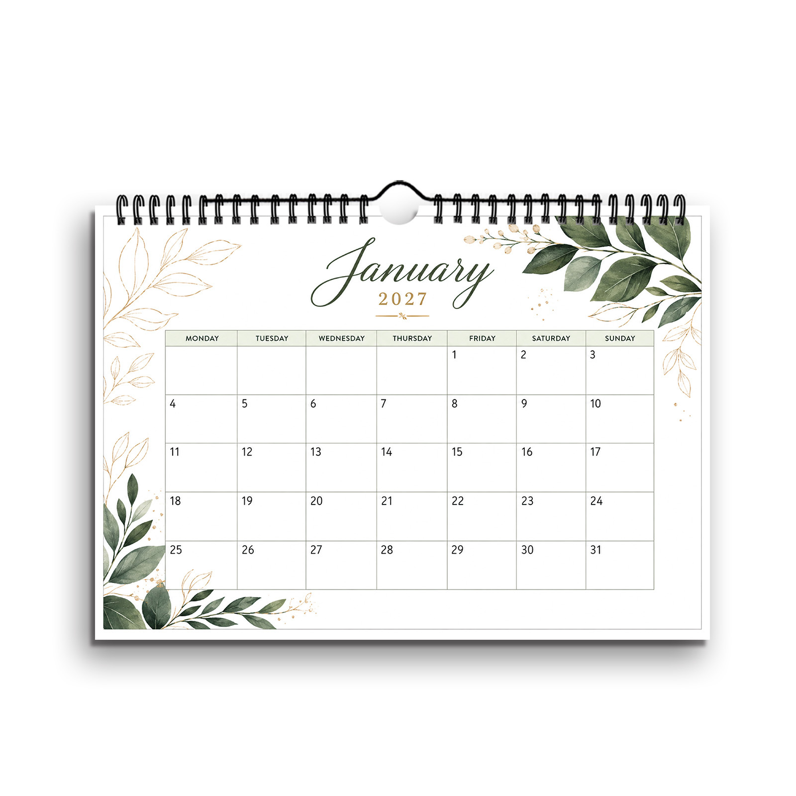 TEMU 1pc 2027 Wall Calendar, A4 Horizontal 11.69×8.27 Inch, Spiral Hanging Green Calendar Starting From Monday, Large Blank Writing Space, Practical