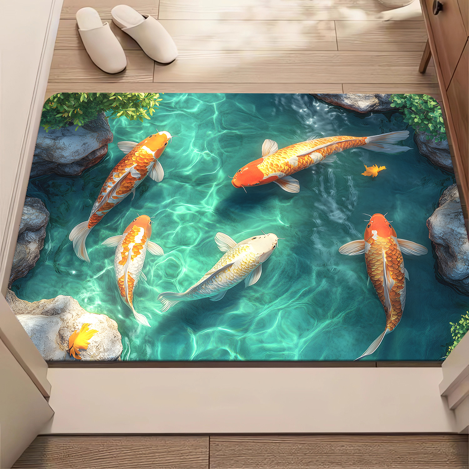 TEMU 1pc Tapis de Piscine de Poissons Koi - Antidérapant, Absorbant en Microfibre Polyester avec Impression HD pour Salle de Bain, Chambre, Salon,
