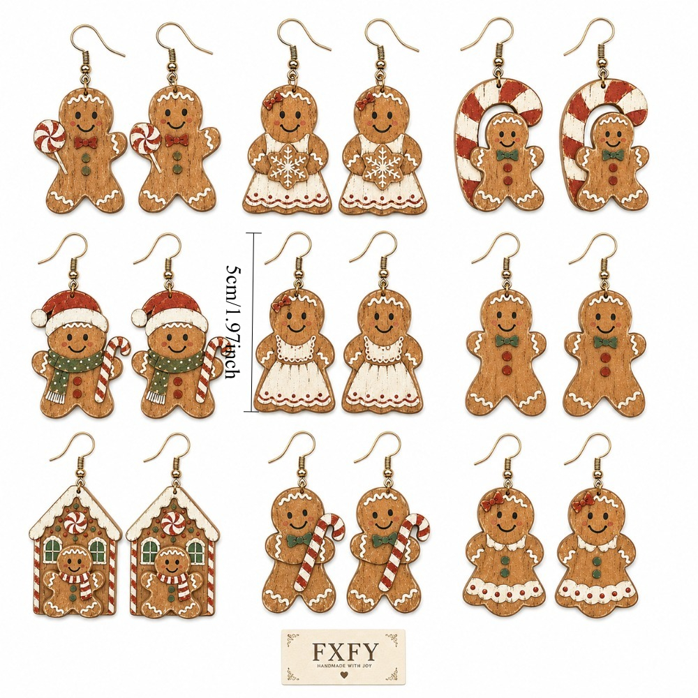 TEMU 18pcs Women's Fun Anti-acrylic Christmas Earring Set, Featuring Retro Cute Gingerbread Man Design With Hats, Elegant And Fashionable Jewelry,