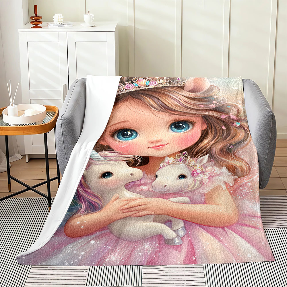 contemporary flannel throw blanket with   girl and   unicorns print hypoallergenic   multipurpose   polyester bedding with ideal for bed sofa camping for gifting details 1