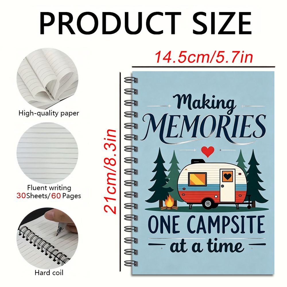 TEMU Retro Camping Spiral Notebook, Lined Pages, And Trees Pattern, Travel And Outdoor Journal, 60 Pages