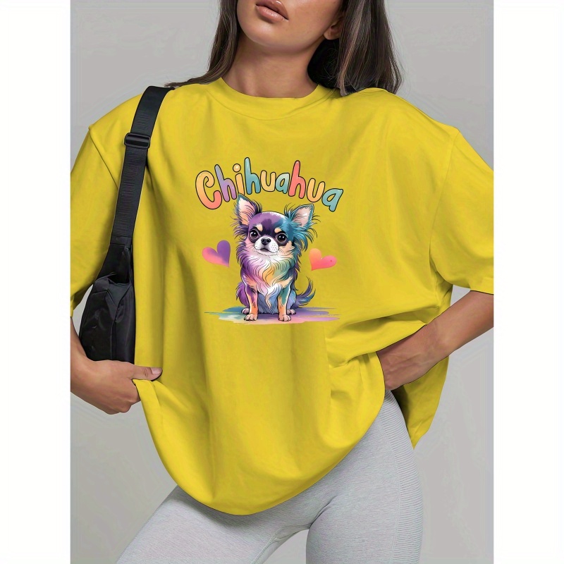 

T-Shirt Grande Taille pour Femmes avec Chihuahua - Haut Décontracté à Manches Courtes et Col Rond avec Design de Chien Vibrant, Tee en Mélange de Polyester Noir pour & l'Été