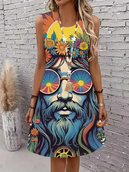 Plus Size, Women's Hippie Floral and Glasses Print Dress- Open-front, Non-transparent Party Dress, Washable, Bohemian Style, Suitable Festivals, Beach, Casual Summer Wear- 60s/70s Vintage-inspired, ... Plus Size, Women's Hippie Floral and Glasses Print Dress- Open-front, Non-transparent Party Dress, Washable, Bohemian Style, Suitable Festivals, Beach, Casual Summer Wear- 60s/70s Vintage-inspired, ...