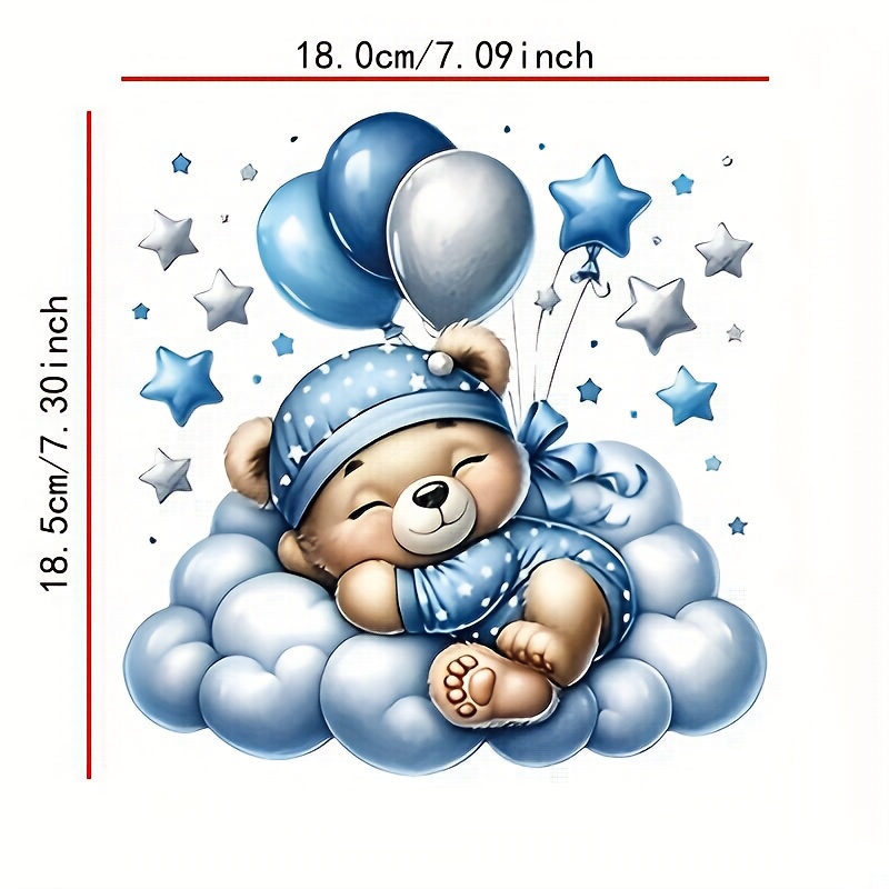 TEMU 6 Pezzi Adesivi Termotrasferibili Orsetto Blu con Palloncini, Lavabili, Ideali per Abbigliamento, Decorazioni per la Camera, Coperte, Accessori,