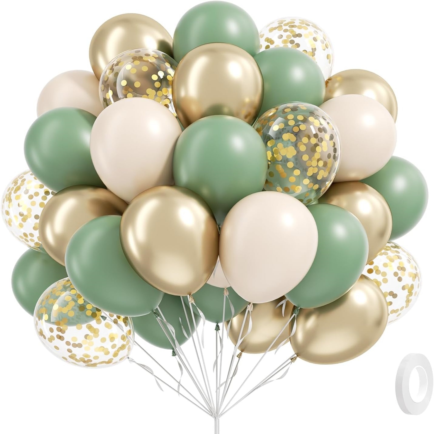 25pcs Sage Green Balloons 10/ 12inch White Metallic Golden Confetti Balloons For Boho Birthday Wedding Bridal Shower Engagement Party Decorations, For Halloween, Christmas