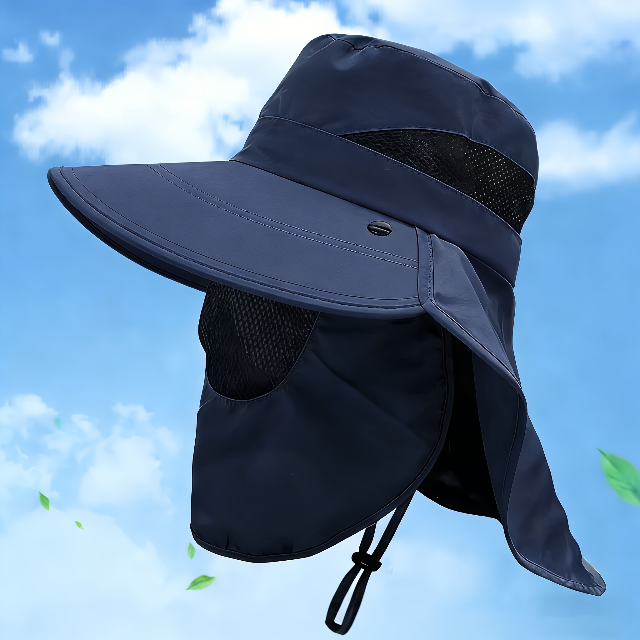 TEMU 夏用 つば広ハット ネック付き メッシュ透かし彫り カジュアルハット フルカバーつば付き 普段使い用ヘッドウェア