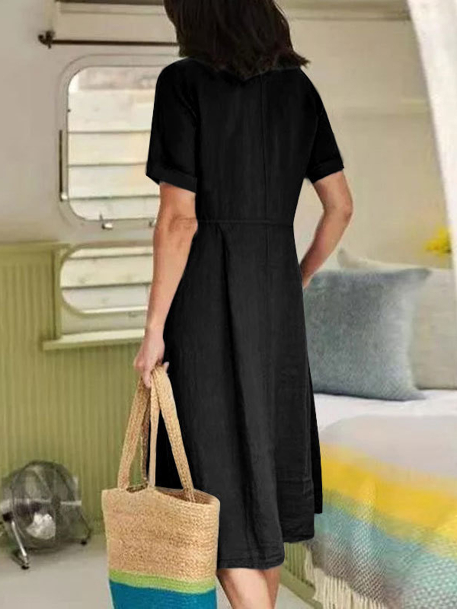 Women Summer Midi Dress Short Sleeve V Neck Button Pocket Dress Linen A Line Dresses