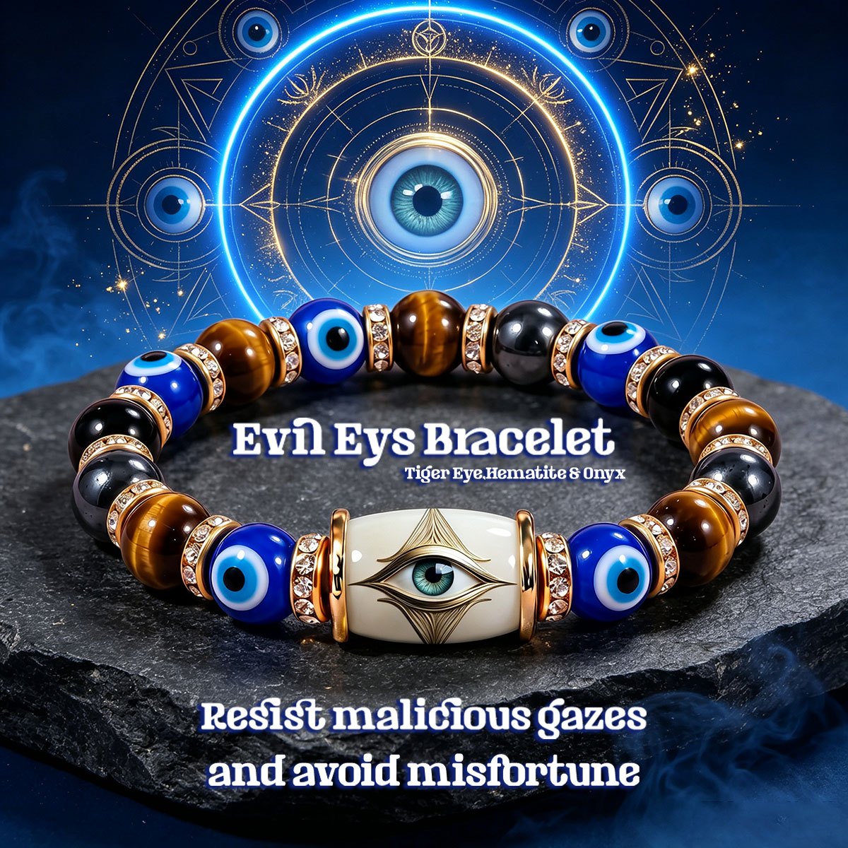 TEMU Embossed Evil Eye 8mm Beaded Bracelet For Men Women, Tiger Eye Hematite Onyx Protection Amulet , Good Luck Spiritual Bracelet Gift For Birthday