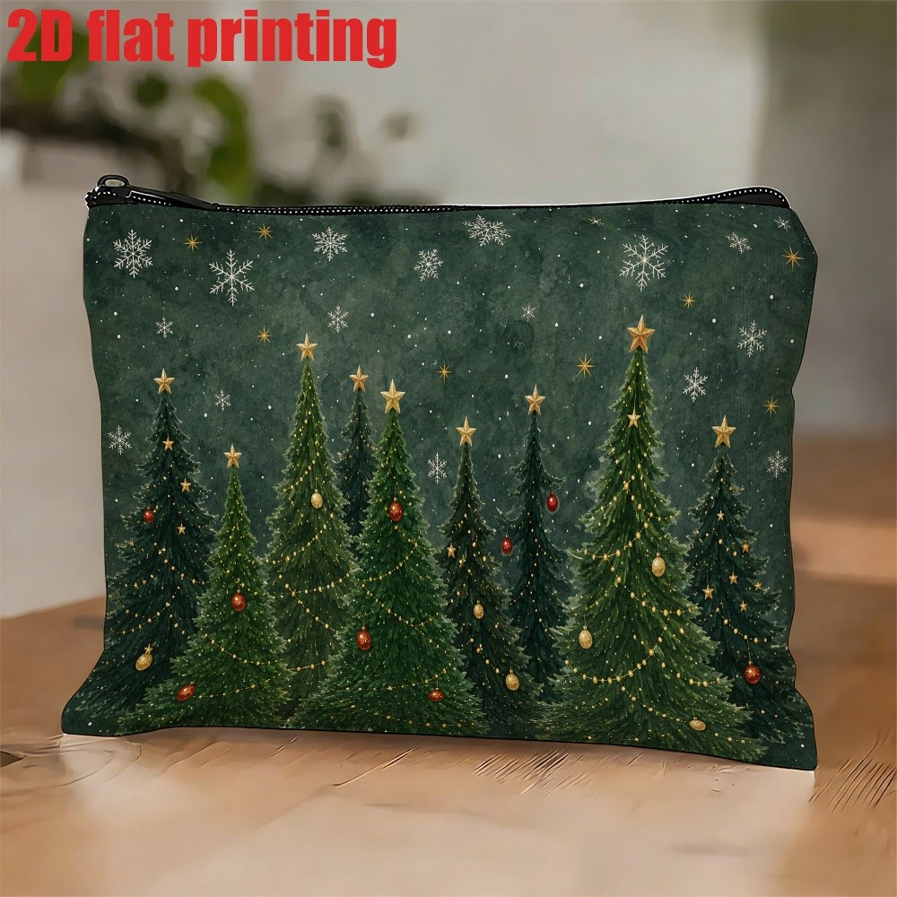 TEMU Watercolor Christmas Style Toiletry Bag, Zipper-closure Foldable Makeup Bag With Christmas Tree Print, Suitable For Travel, Business, Vacation,