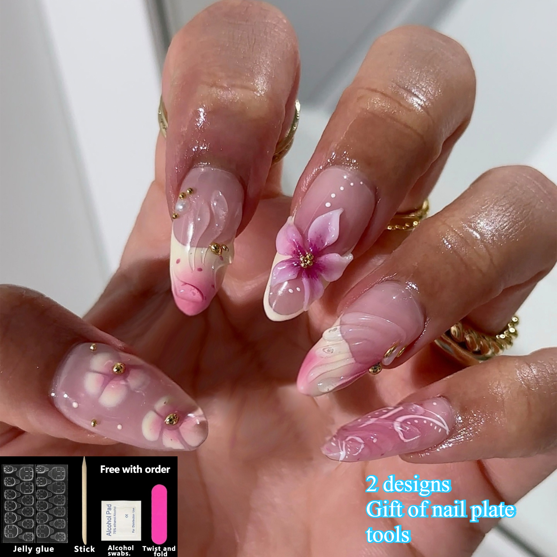 60pcs Sweet Pink Gradient Reusable Press On Nails, Handmade Flower, Golden Bead Decor Medium Almond Nail Tips, Gentle Daily Manicure Supplies For Women