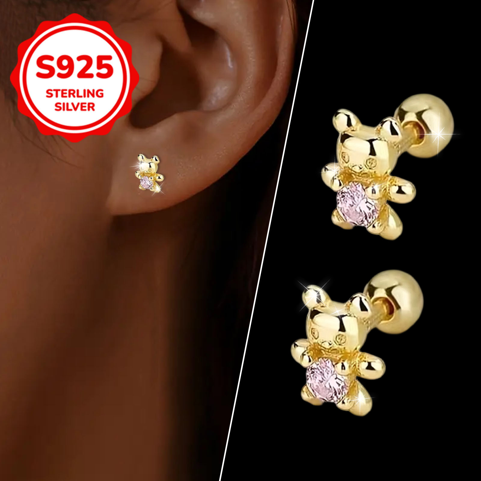 S925 Silvery Bear Stud Earrings with Synthetic Zirconia