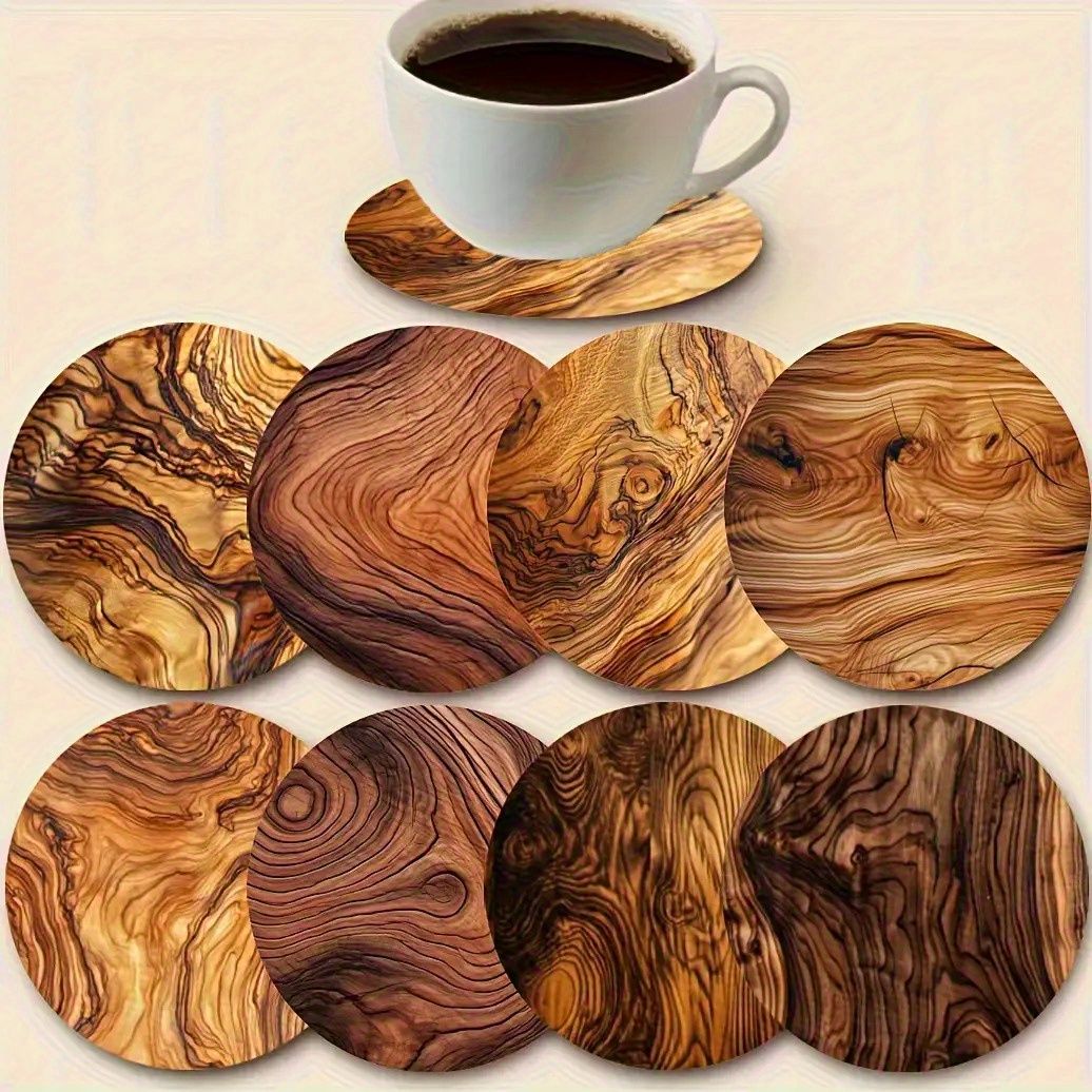 Image of 8pcs Elegant Wooden Coaster Set - Heat-resistant And Non-slip, 3.94-inch Round Plates, Perfect For Cups And Drinks - Ideal Gift For Christmas And Thanksgiving | Essential Wood Grain Decor