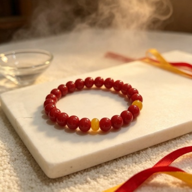 Chinese Style Red and Yellow Bead Stretch Bracelet for Women