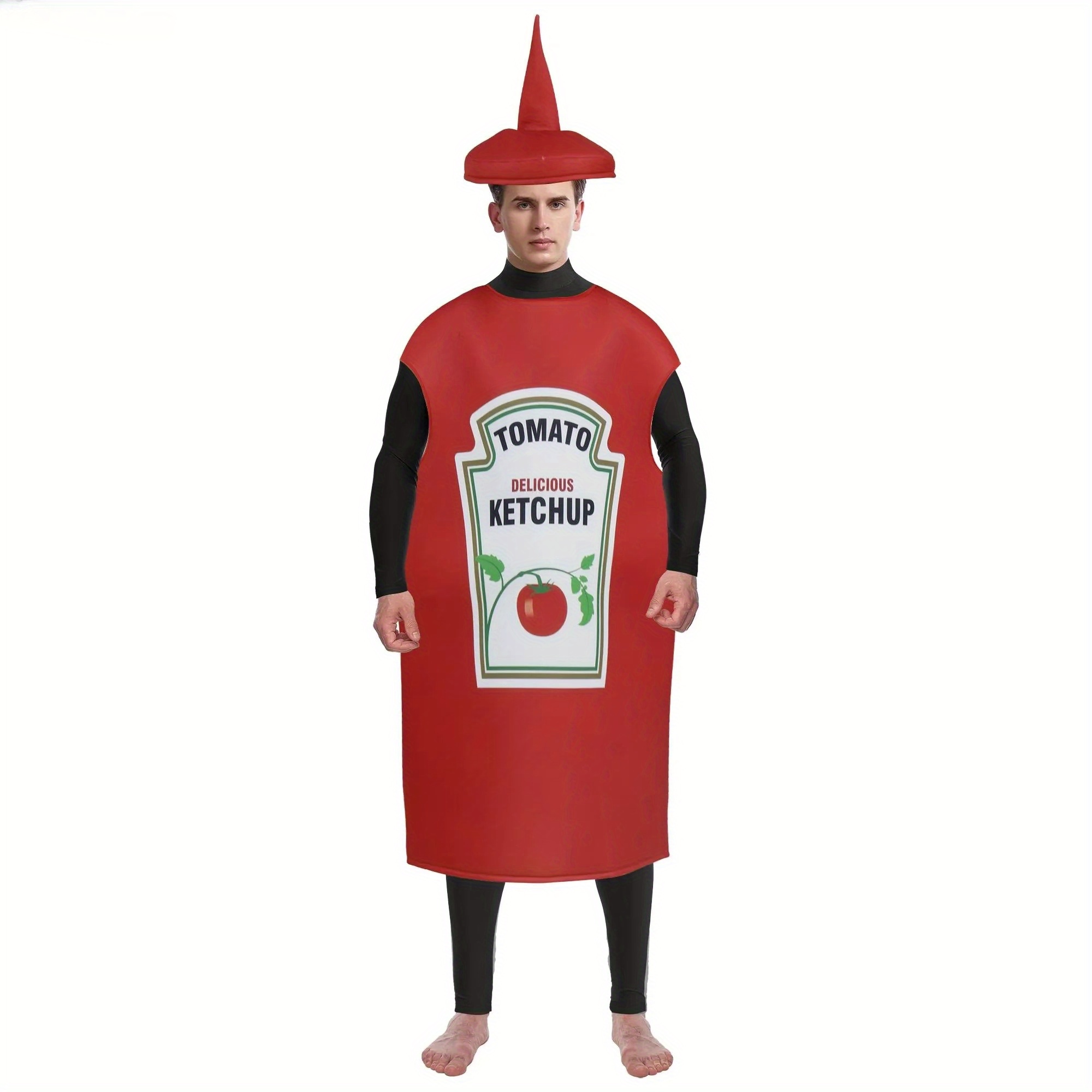 TEMU Halloween ketchup salladsås cosplay kostym - vuxen unisex scenshow, fancy dress karneval bar klädsel med "ketchup & " design, halloween kostym