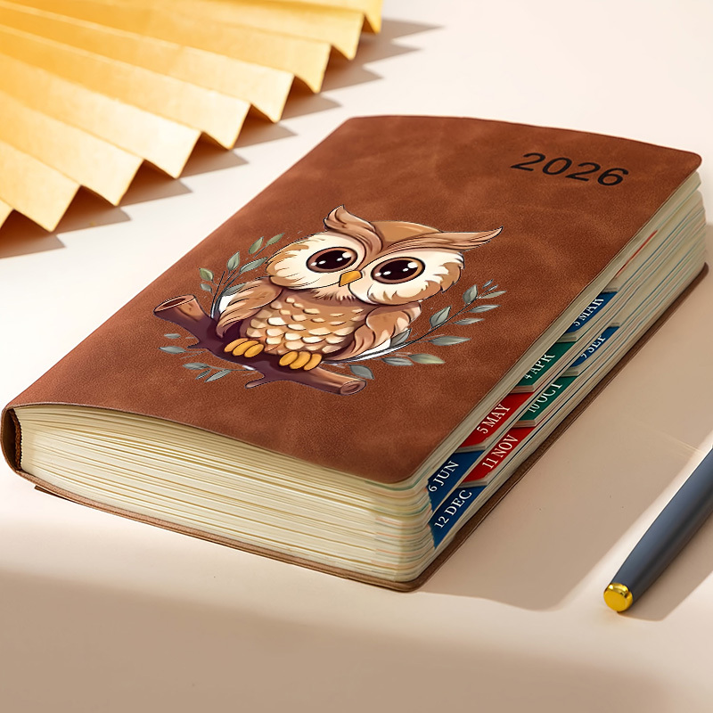 1pc Owl 2026 Record Book - 380-page Daily Organizer, Monthly & Weekly Layouts, Compact Portable Size For Time Management & Goal Tracking, Notebook