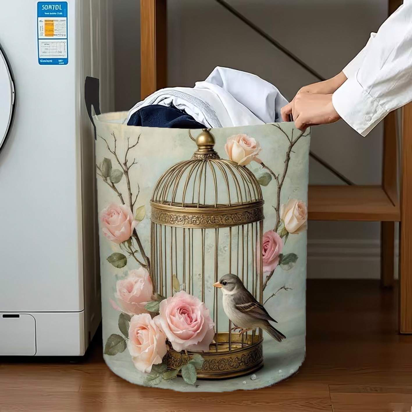 TEMU 1pc Light Green Rose Birdcage Themed Laundry Basket, Dirty Clothes Basket, With Sturdy Handle, Circular Storage Basket, Suitable For Rooms,