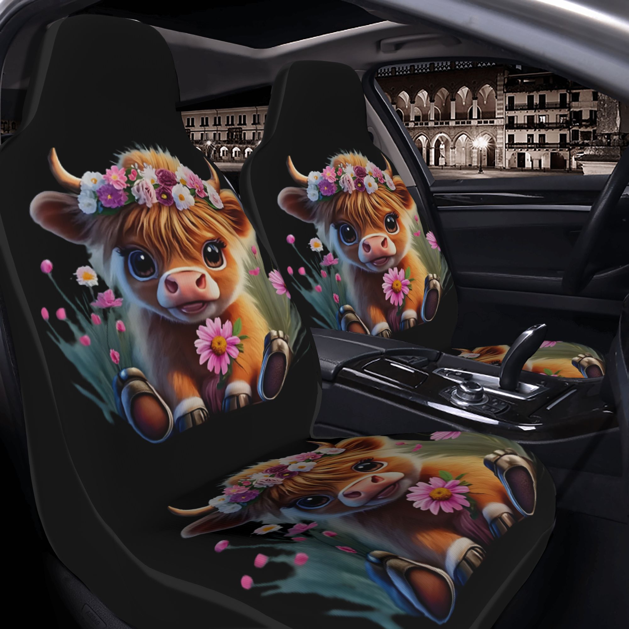 TEMU 2-pack Highland Cow Car Seat Cover Set, Suitable For Suvs, Trucks, And Sedans, Stylish Interior Protection, , Comfortable Driving And Daily
