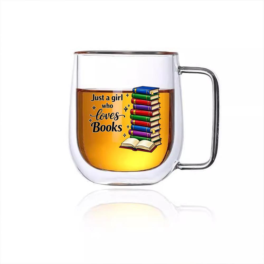 TEMU Iced Tea Glasses Stacked Books Insulated Glass Mug With Handle, Cartoon Colorful Book Design And " Who Books" Saying, Heat-resistant Cup For