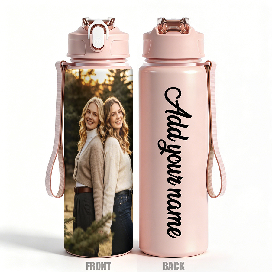 TEMU Custom Personalized Photo Image And Name Text Water Bottle 1pc 750ml 25oz Leakproof Sports Water Bottle Cup Personal Print 2 Smiling Blonde