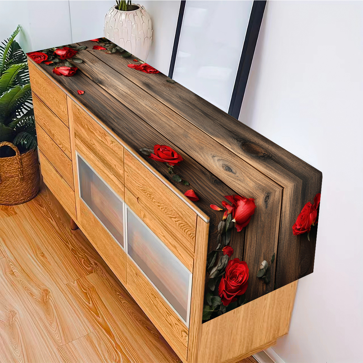 E-shop Tischläufer zum Valentinstag, Tischläufer mit Holzmaserung Blumenmuster, Tischdecke mit rotem Rosen-Druck, stimmungsvoller Tischläufer,