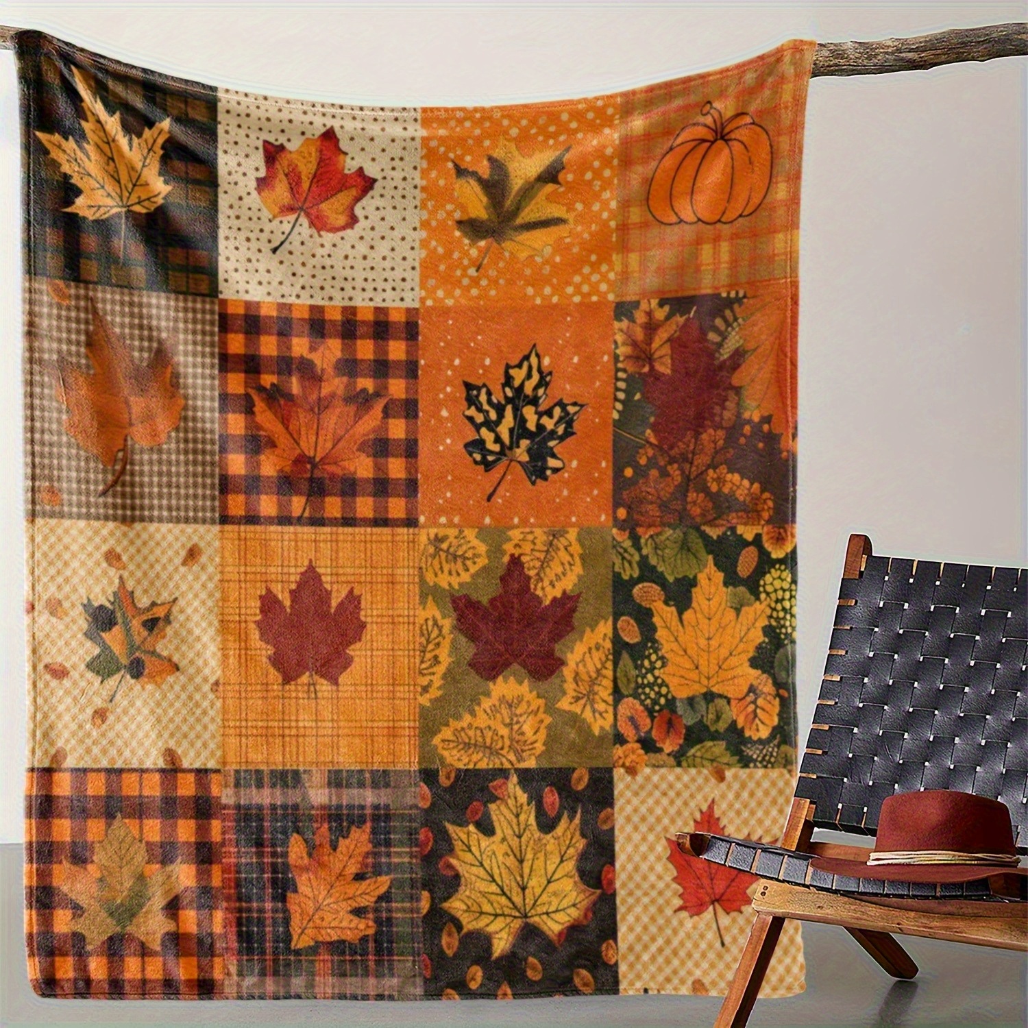 TEMU [in Stock] Vintage Autumn Maple Leaf Pumpkin Print Flannel Throw Blanket Reversible Lightweight Polyester, Traditional Style For Sofa, Bed, Camping, Travel 280gsm
