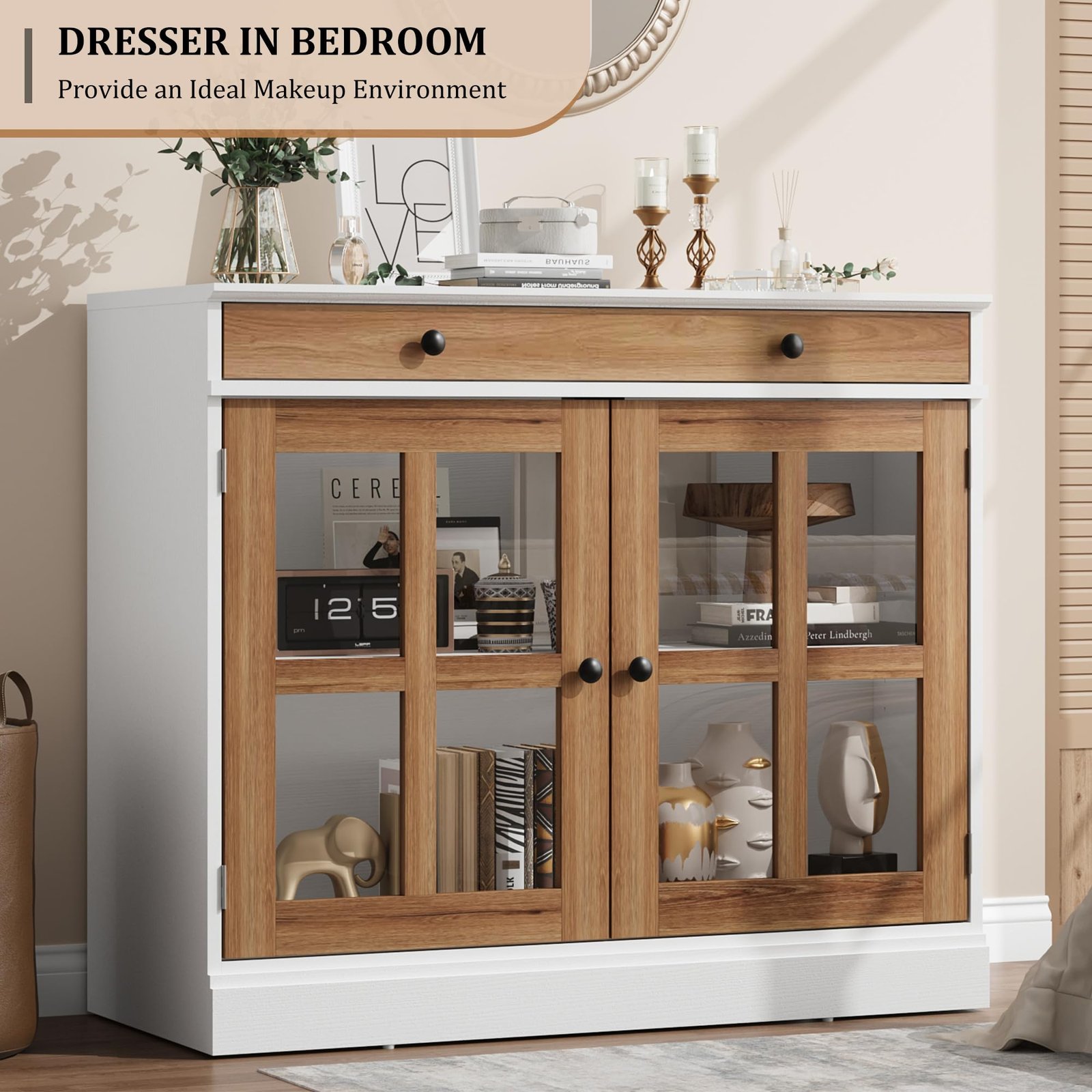 GAOMON 35.4Inch Black Sideboard Buffet Cabinet with Glass Doors, Storage Cabinet with Drawer, Modern Buffet And Sideboard for Dining Room, Kitchen, Living Room