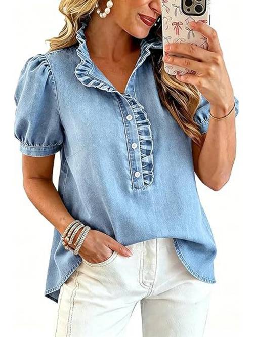item picture womens v neck denim shirts summer casual henley button loose fit oversized cascading ruffle tops puff short sleeve chambray shirt high low hem tunic wash blue western outfits bohemian beach vacation