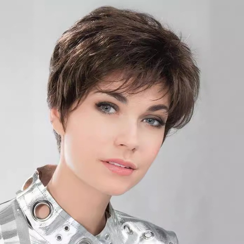 

Elegant Dark Brown Cut Wig With Bangs For Women - Heat Resistant Synthetic Short Curly Hair, Suitable For All Daily & Party Wear, Cut Wig