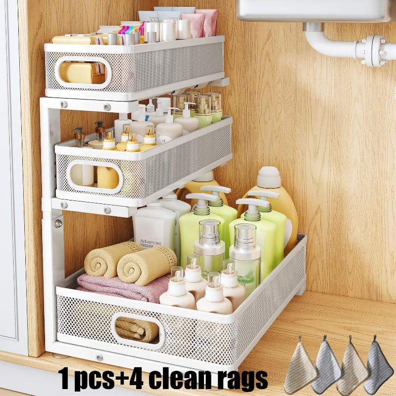 TEMU Under Sink Organizer, 1/2pcs 3-tier Thickened Metal Pull Out Cabinet Organizer Shelf With 4 Clean Rags, Height Adjustable Slide Out Storage