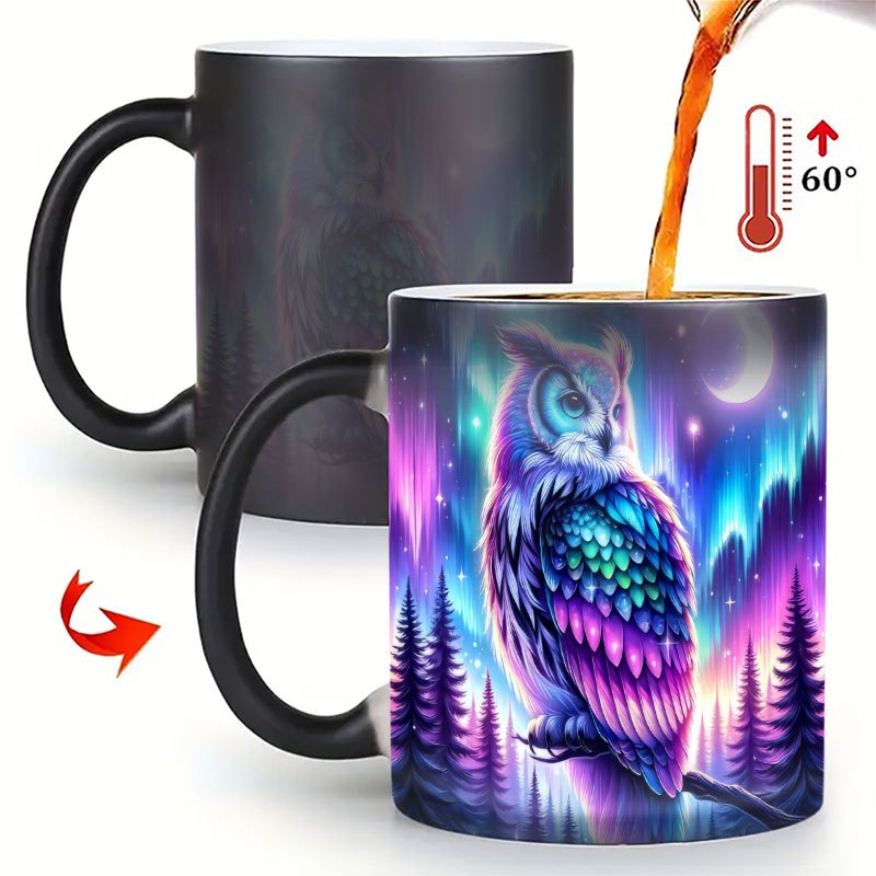 Image of 1pc Changing Mug, Heat Sensitive Coffee Cup With Vibrant Owl & Northern Lights, Unique Ceramic Tea Mug, Novelty Birthday Gift For Owl Lovers, Office & Home Drinkware