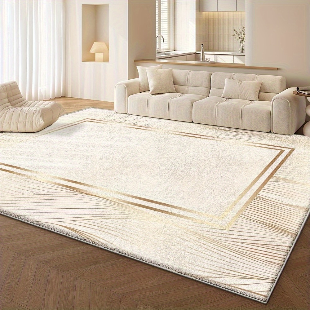 Luxurious Velvet Area Rug - Ultra-Soft, Machine Washable, Non-Slip, Featuring a Beige And Golden Geometric Design, Perfect for Decorating Living Rooms, Bedrooms, Or Offices, Office Area Mat | Modern Decorative Mat | Velvet Textured Mat
