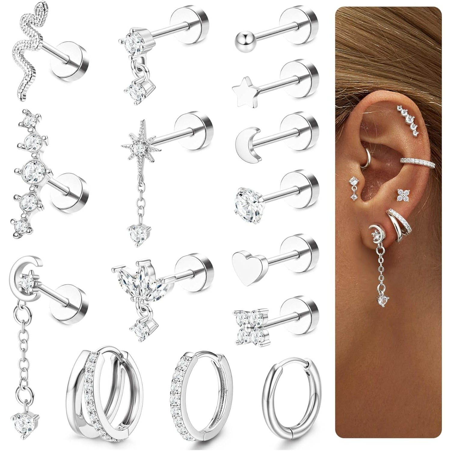 Image of 2d Flat, 15pcs Helix Piercing Jewellery Surgical Steel Flat Back Earrings For Helix Stud Hoop Earrings Cartilage Earrings Daith Tragus Rook Conch Piercing Jewellery
